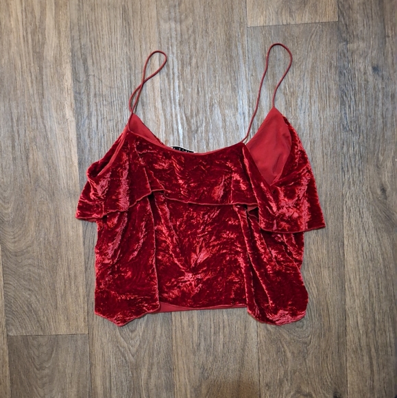Alice + Olivia Vanessa Sultry Red Velvet Ruffle Sleeveless Camisole Tank Top. - Picture 14 of 15